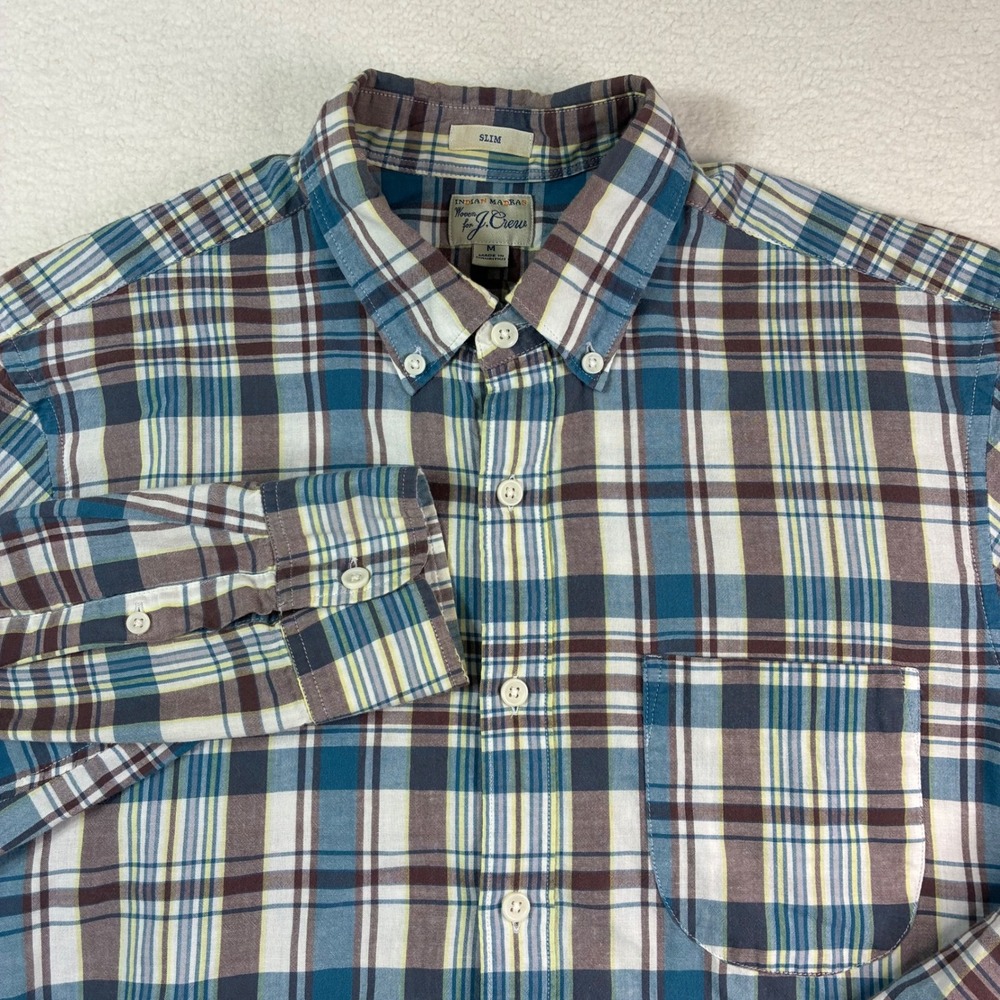 J Crew Indian Madras Button Shirt Mens Medium Blue Brown Plaid Slim Long Sleeve